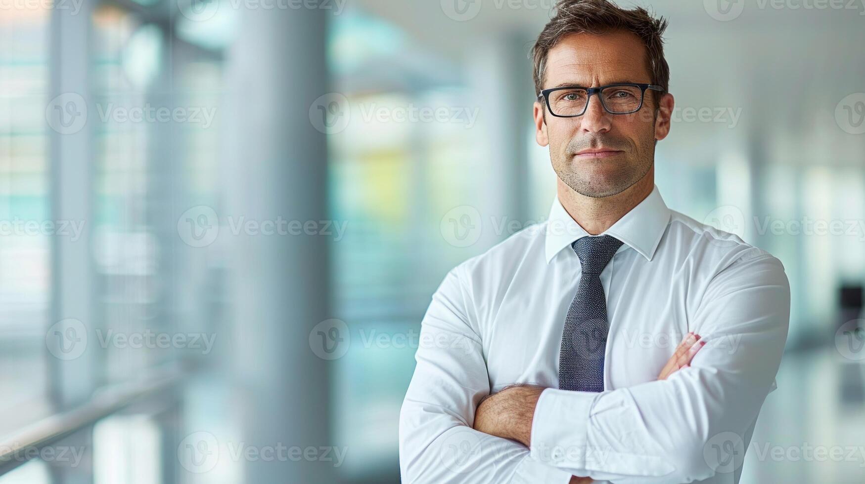 A man in a white shirt and tie stands with his arms crossed, looking directly at the camera with a confident expression photo