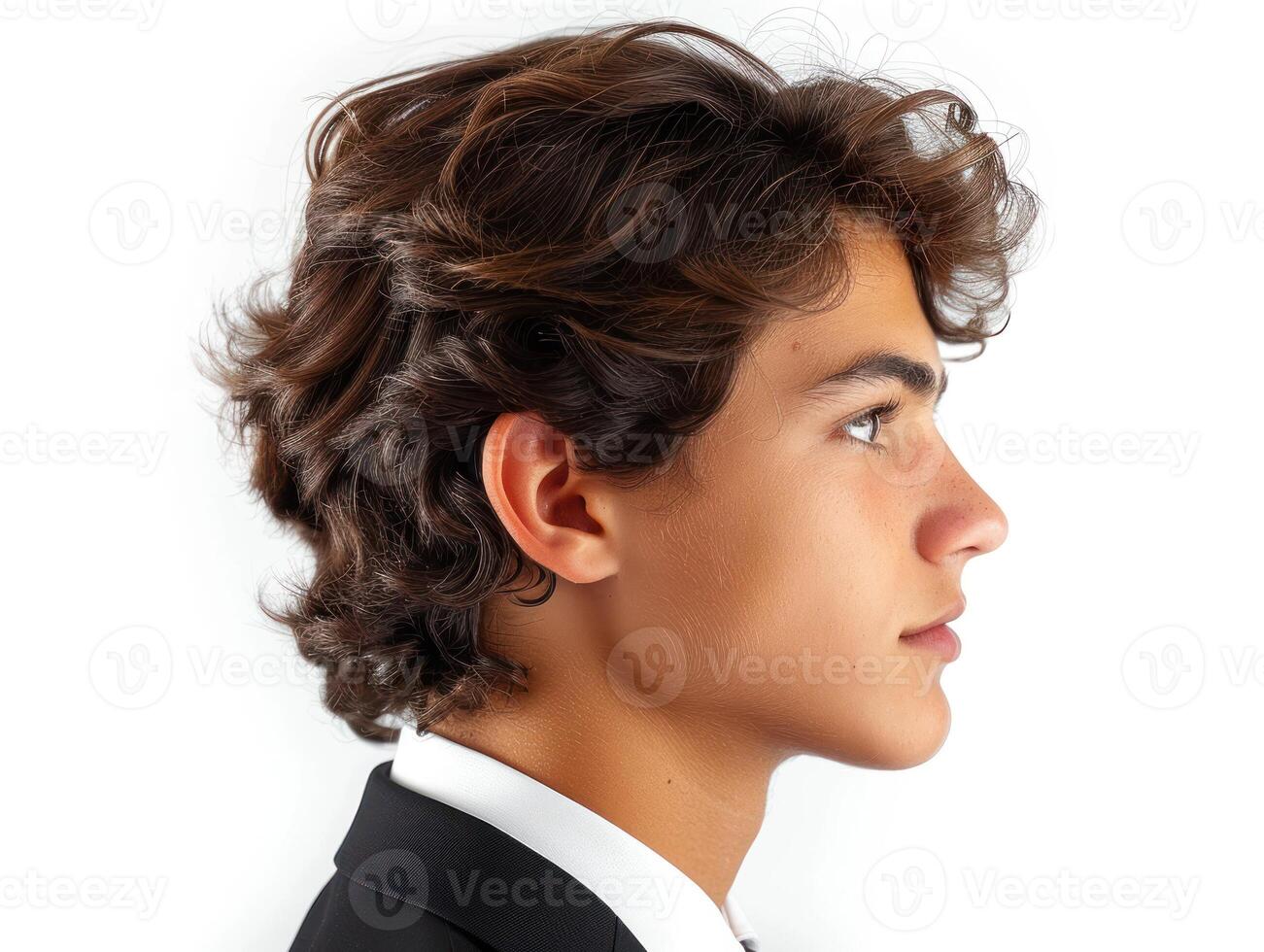 A close-up side profile of a young man with dark, wavy hair, dressed in a suit and white shirt, gazing off to the side photo