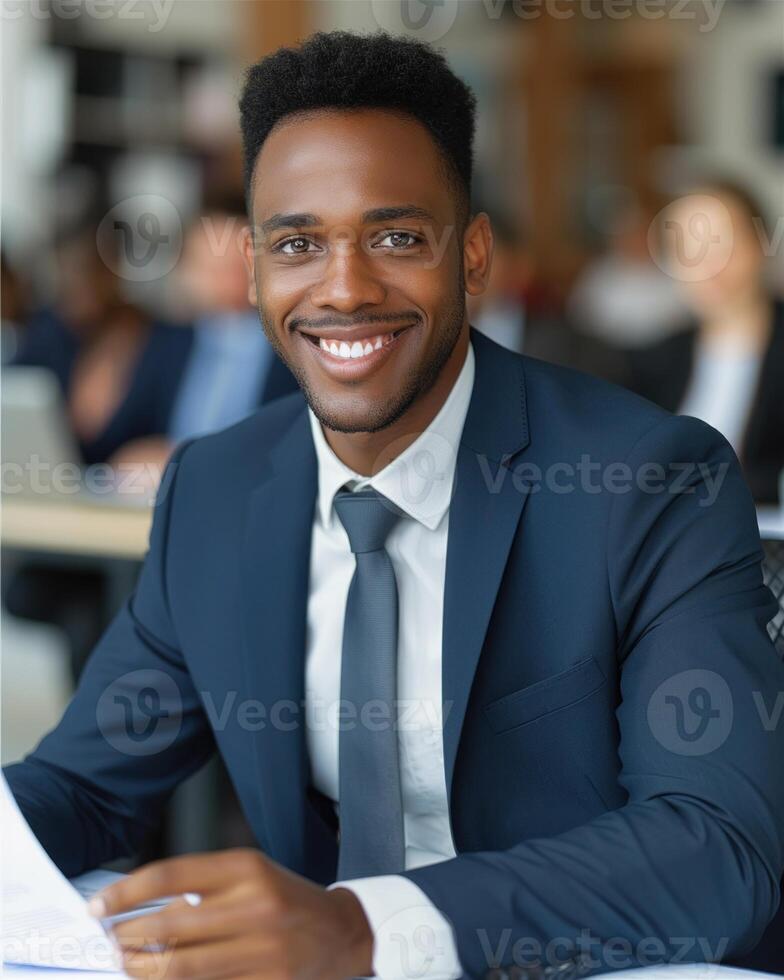 A smiling businessman in a blue suit sits at a desk in an office environment photo