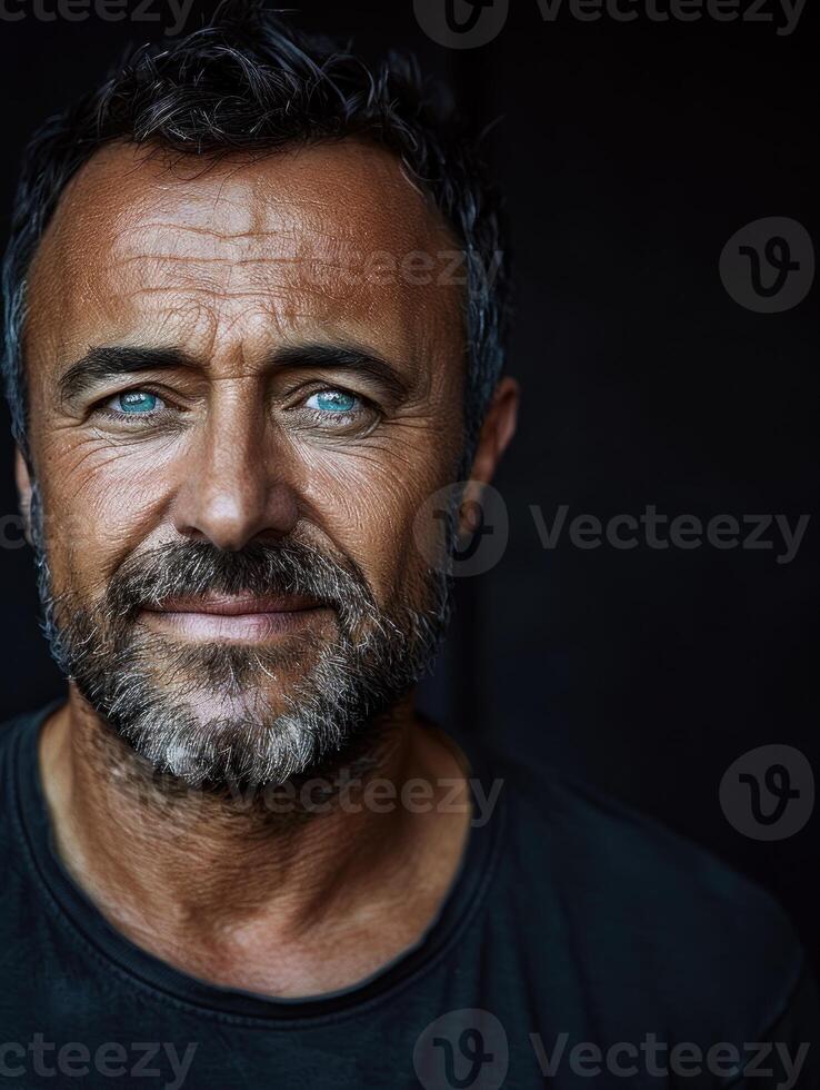 A man with salt-and-pepper beard and piercing blue eyes gazes directly at the camera photo
