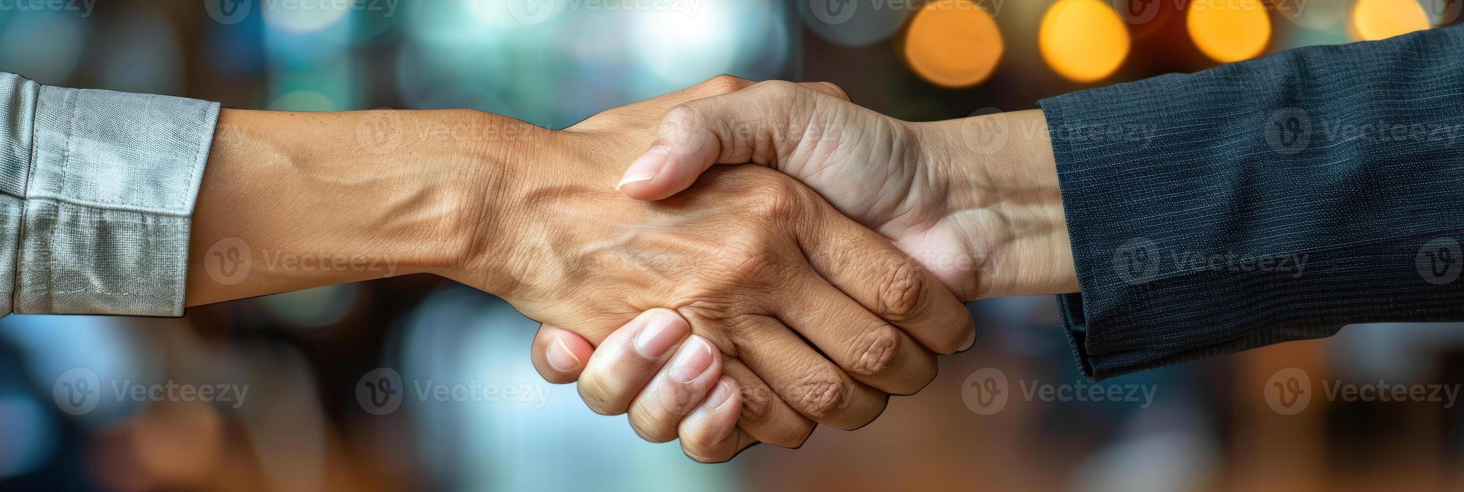 Two hands shake in a city night setting, symbolizing a successful deal or partnership photo