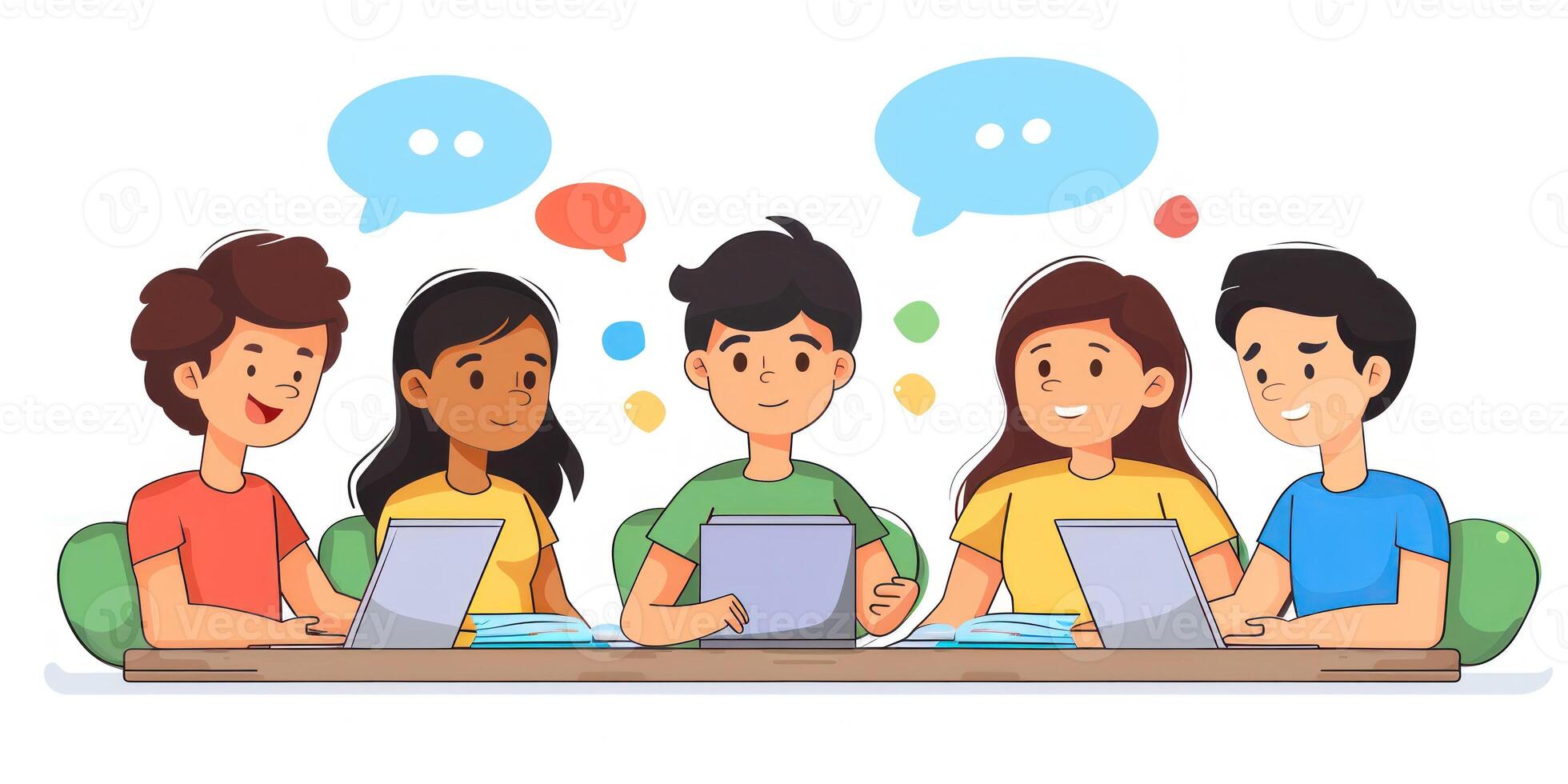 Five diverse students use laptops and engage in a lively discussion photo