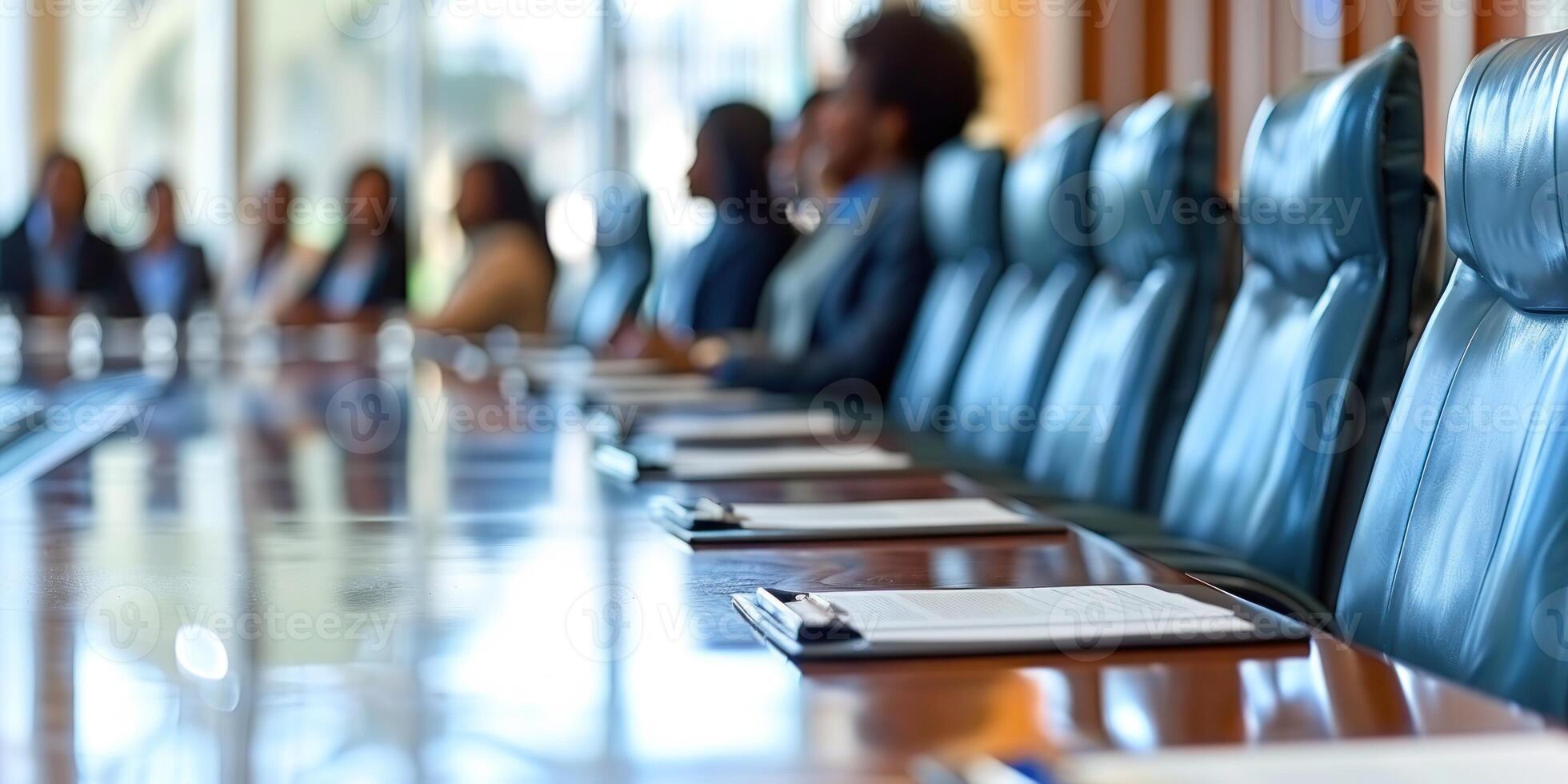A long conference table with blue chairs awaits attendees for a corporate meeting photo