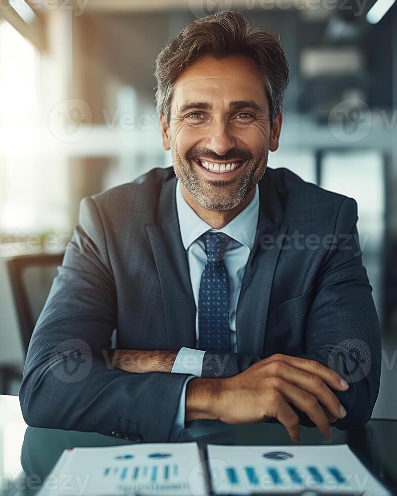 A businessman in a suit sits at his desk with his arms crossed, smiling warmly at the camera photo