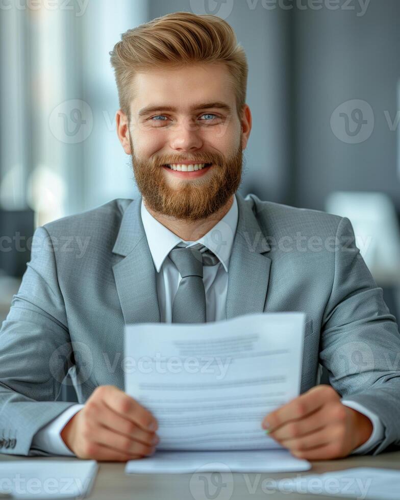 A young man in a suit smiles as he reviews paperwork at his desk photo