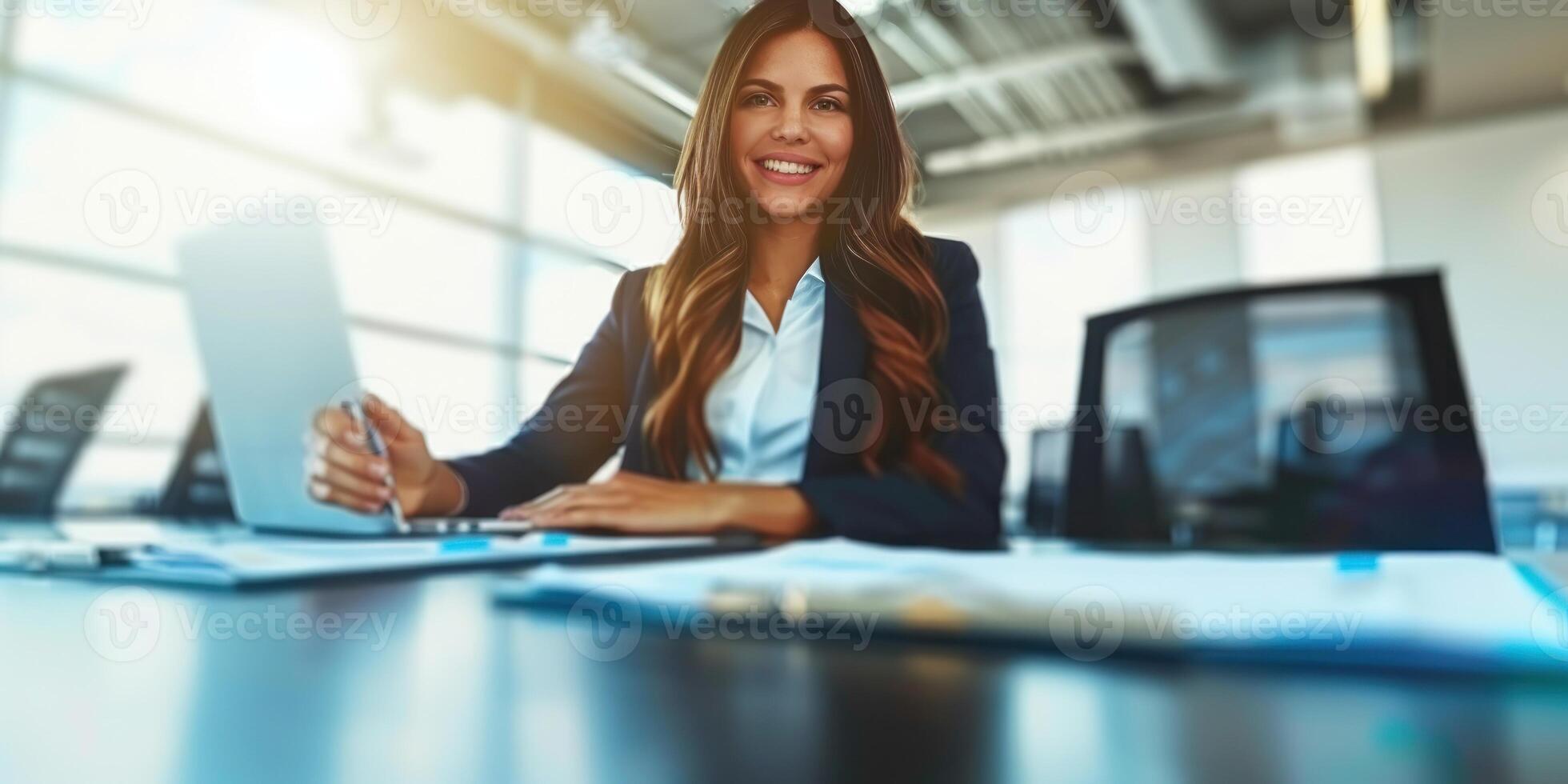 A woman sits at a desk in a modern office, working on her laptop with a confident smile photo