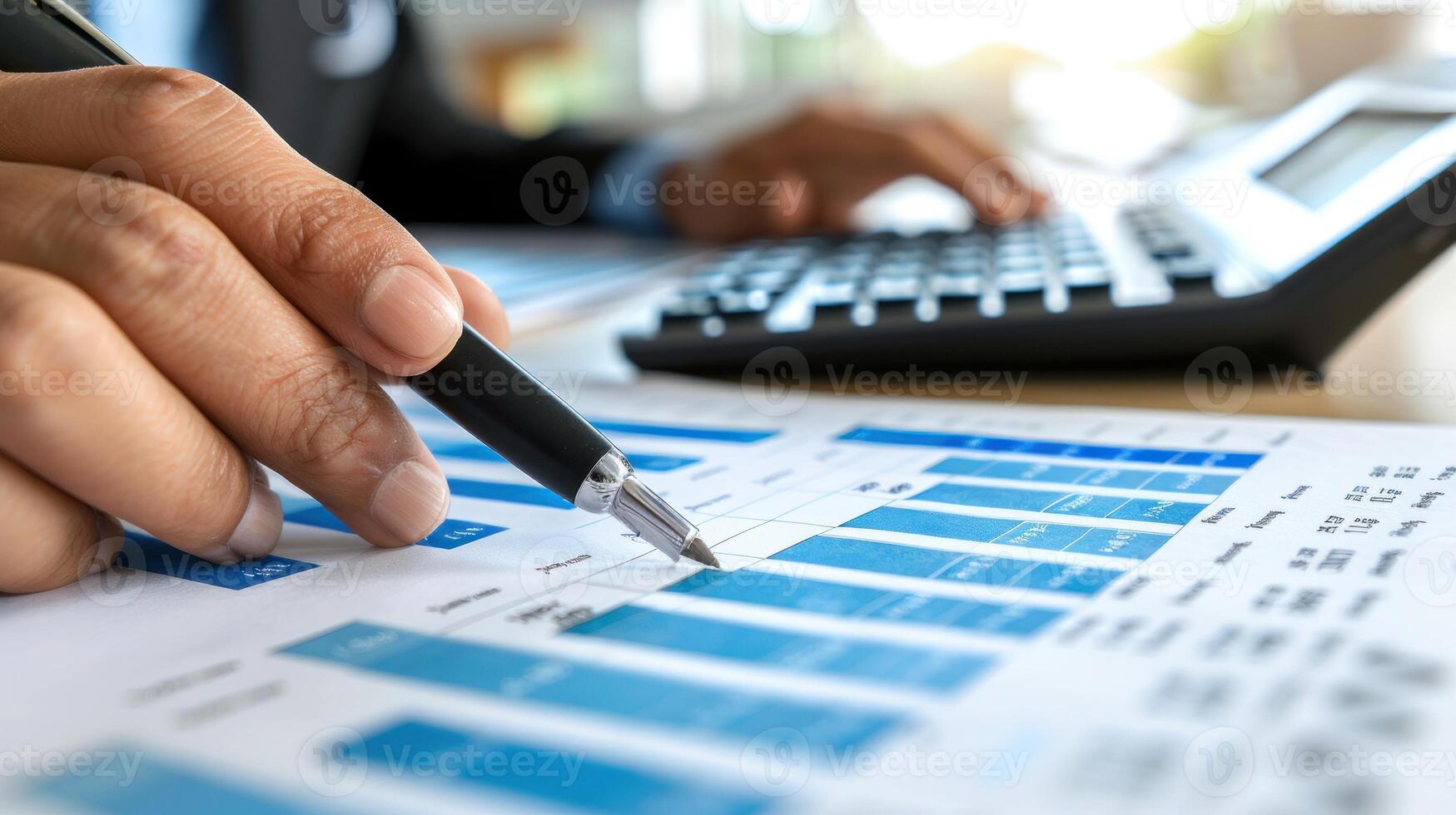 A hand points to a bar graph on a table with a calculator in the background photo