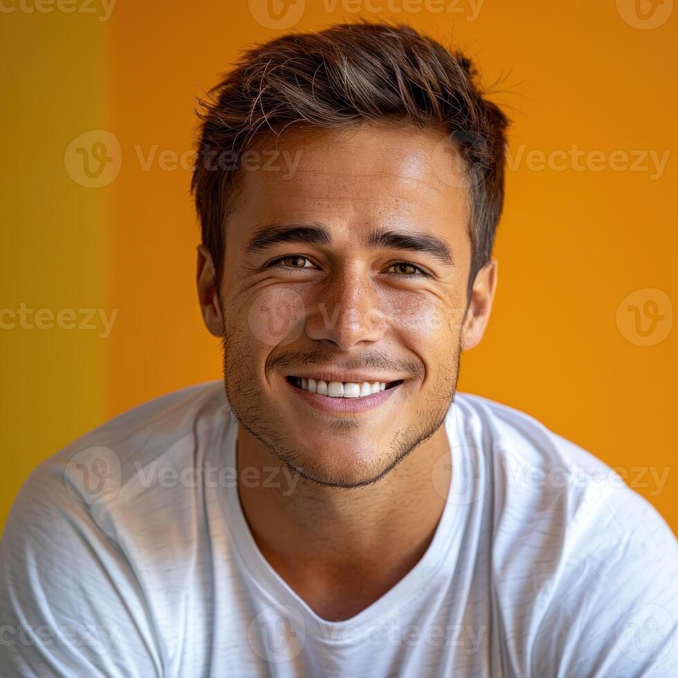 A young man with brown hair and a white t-shirt smiles brightly against a vibrant yellow backdrop photo