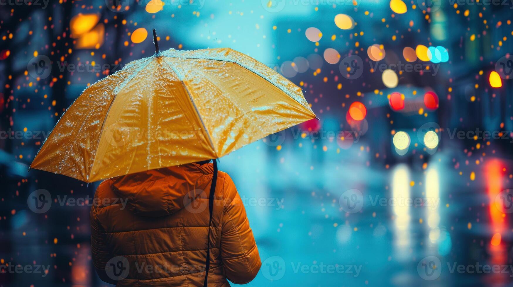 A person walks in the rain at night, holding a yellow umbrella photo