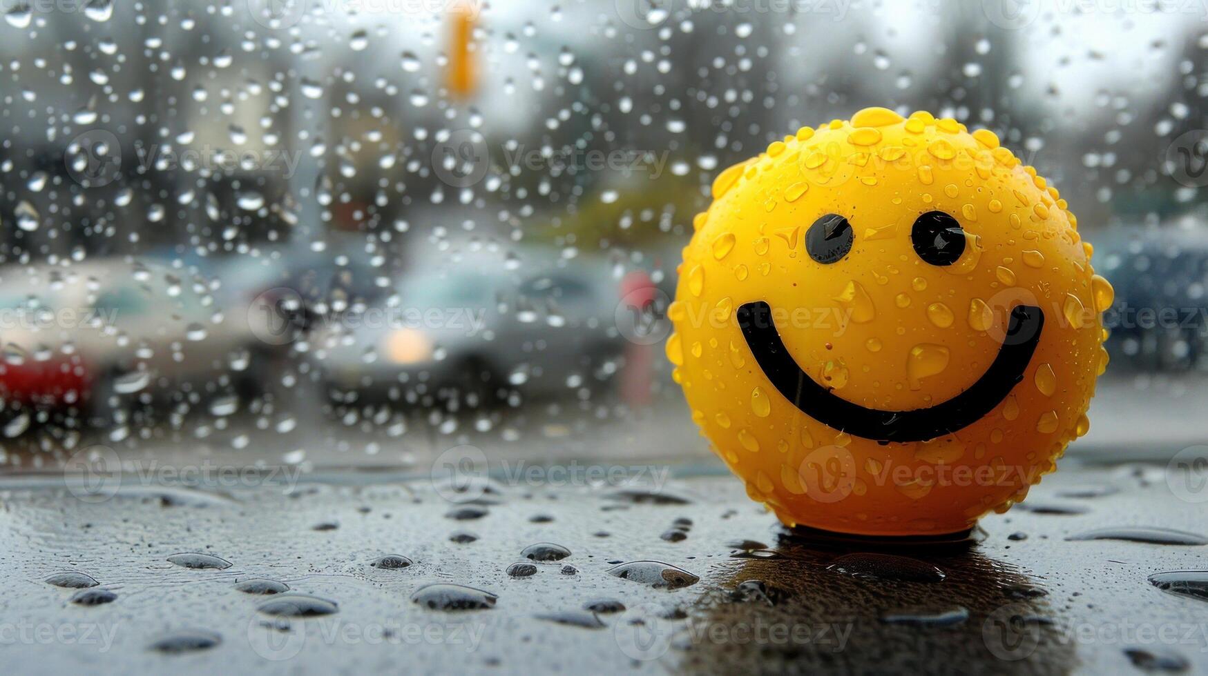 A yellow smiley face covered in raindrops sits on a car windowsill, blurred cars in the background photo