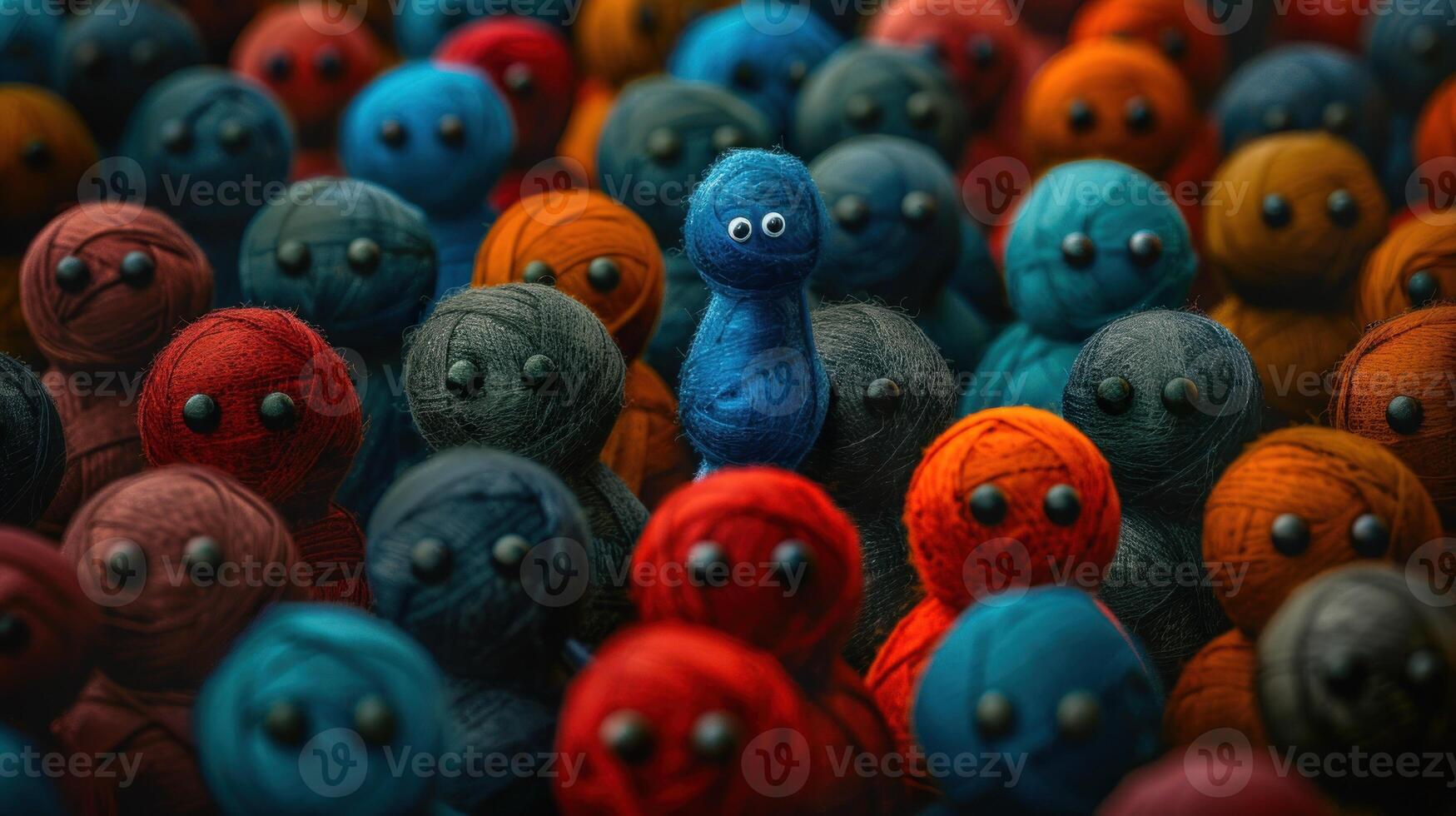 Diversity, equity and inclusion concept. DEIB. Blue Yarn Creature Among Crowd photo