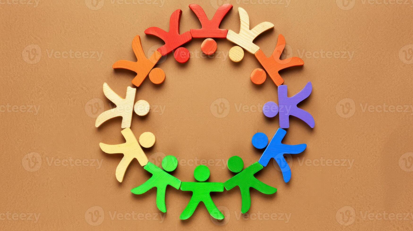 Diversity, equity and inclusion concept. DEIB. Colorful Wooden People Forming Circle photo