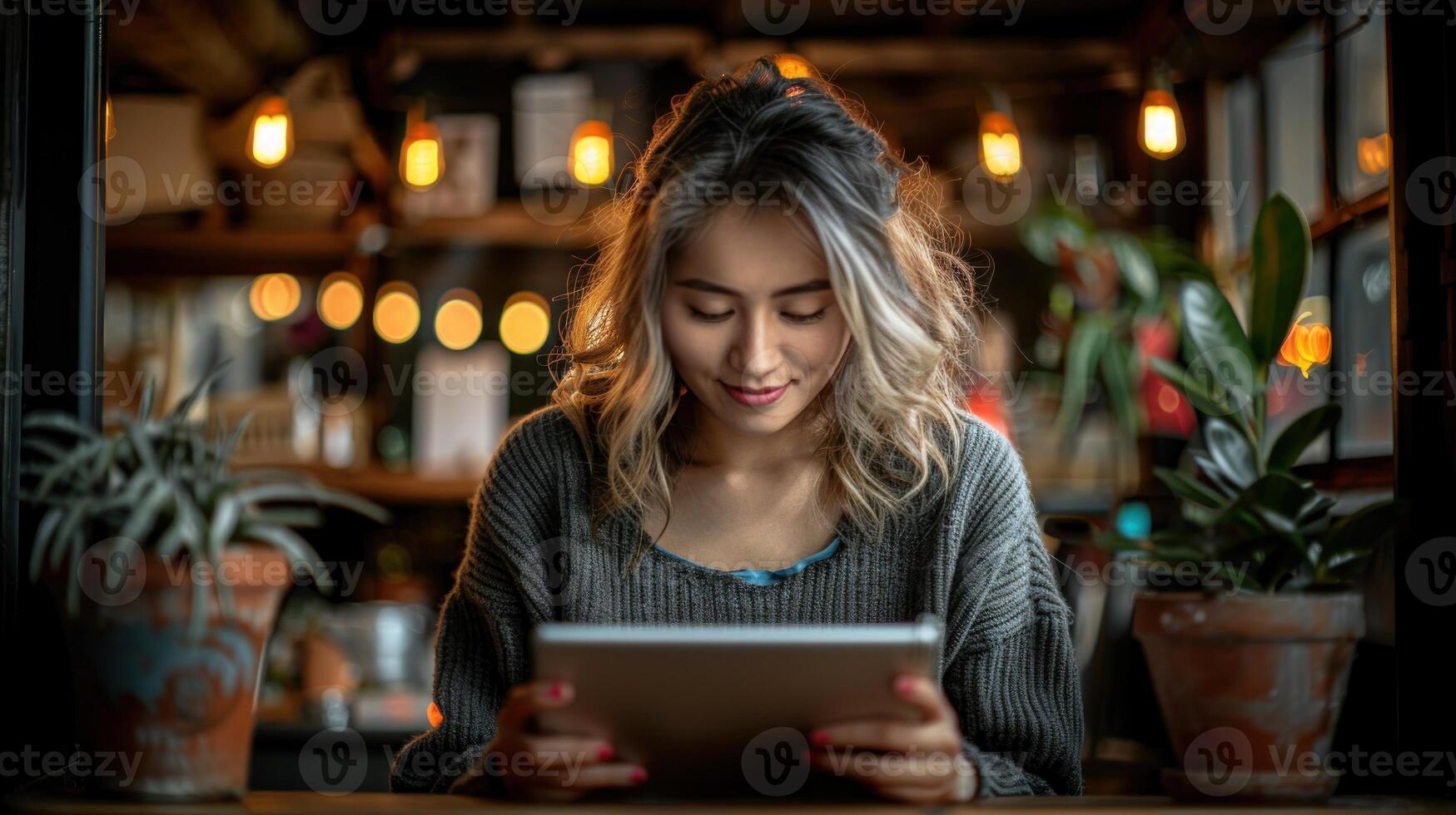 A young woman sits in a cafe, thoughtfully browsing on her tablet, surrounded by soft lighting and greenery photo