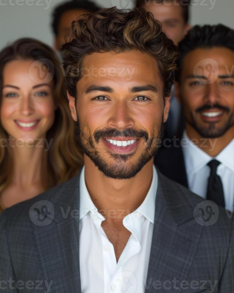 A man in a gray suit smiles brightly as he stands with a group of friends photo