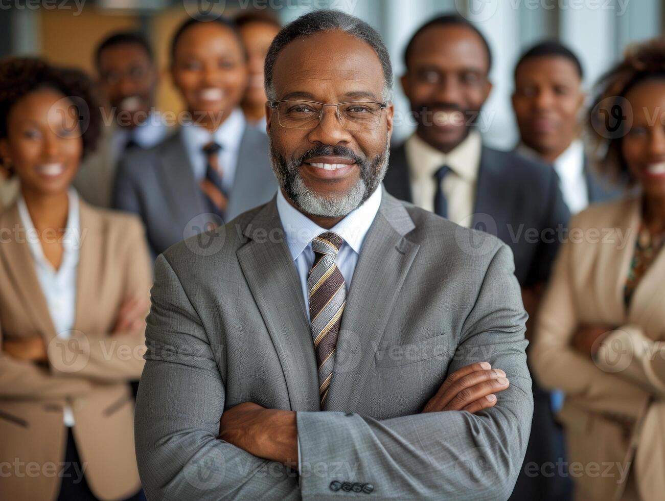 A businessman with a confident smile stands with arms crossed in front of a diverse team of colleagues photo