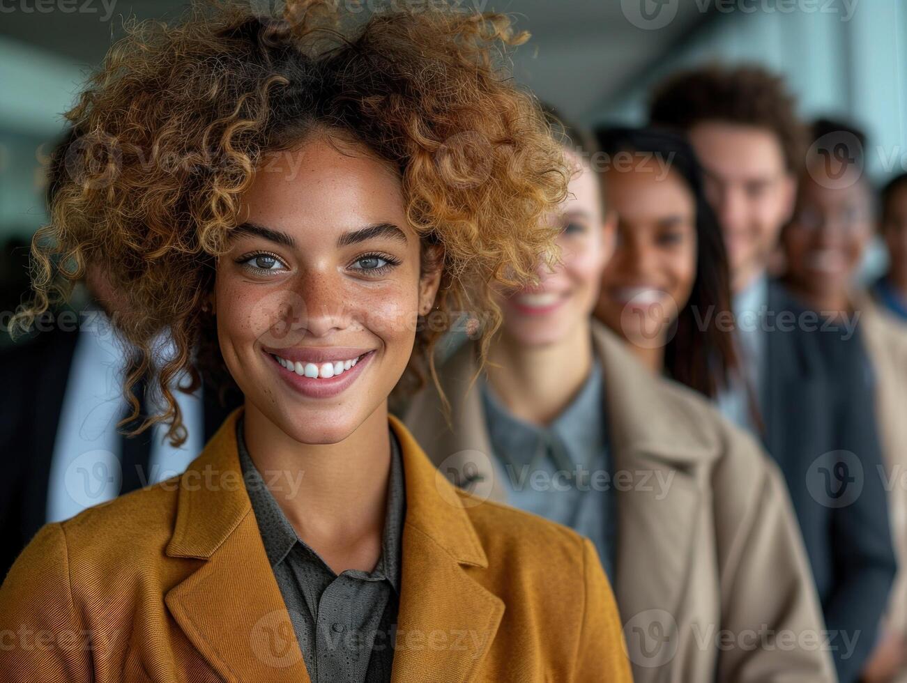 A woman with curly hair smiles confidently as she stands in line with other professionals photo