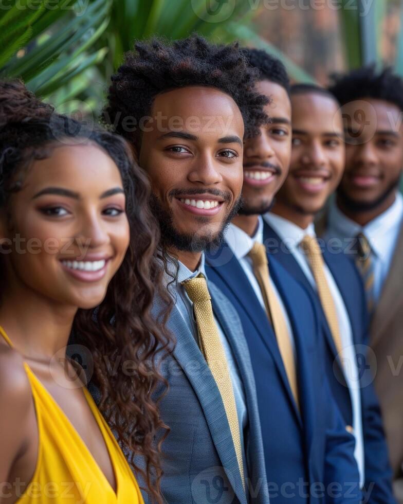 A group of friends pose for a photograph, showcasing their stylish attire and beaming smiles photo