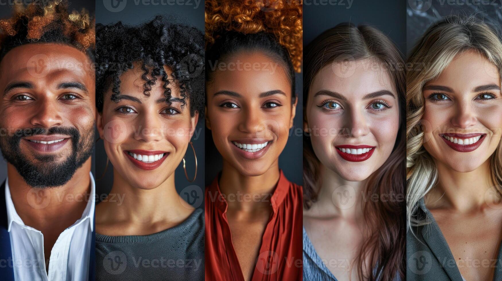 A portrait featuring five diverse people smiling at the camera photo