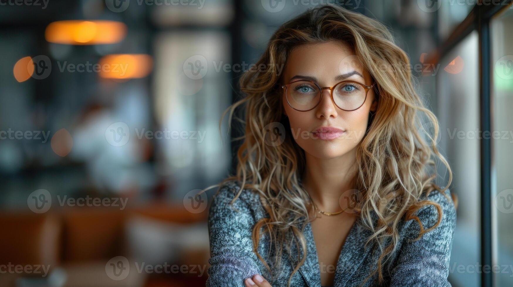 A woman with long blonde hair wearing glasses and a blue sweater sits in a cafe photo