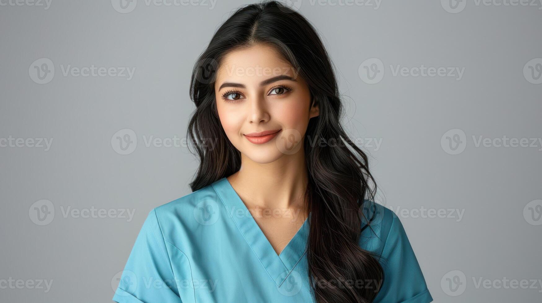 A young woman with long black hair smiles at the camera while wearing a blue scrubs uniform against a gray background photo