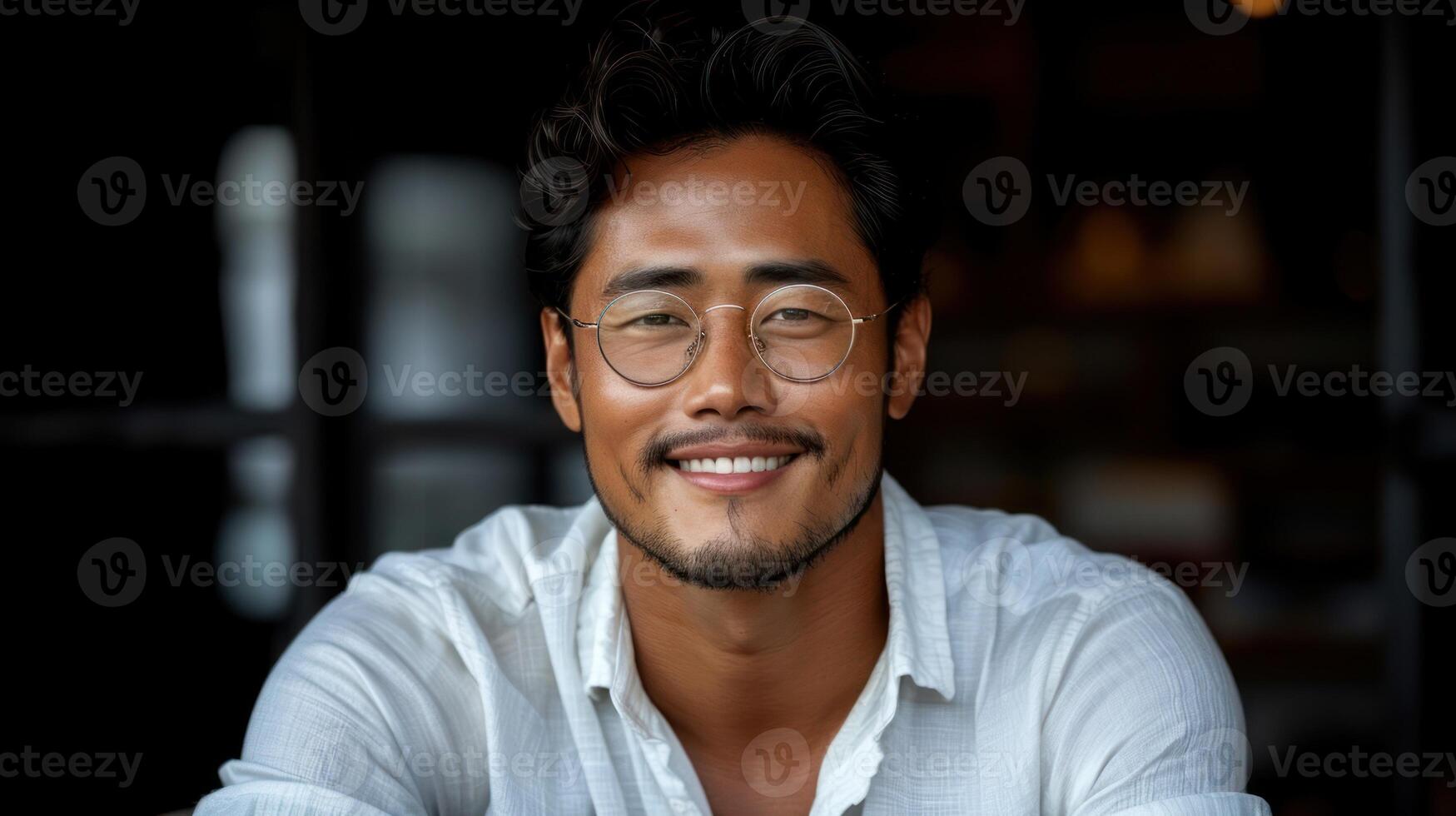 A young man wearing glasses smiles brightly while wearing a white shirt photo