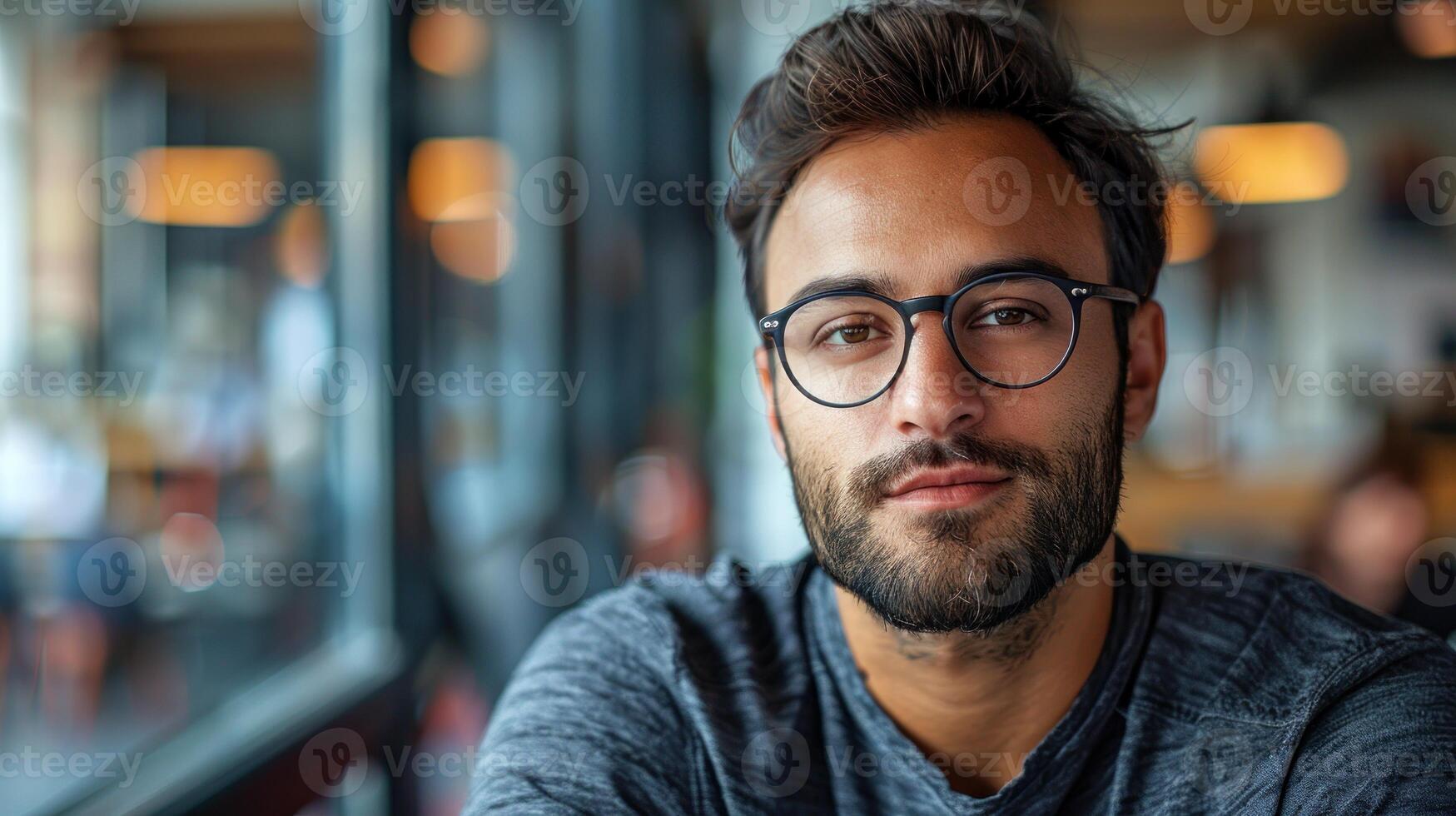 A young man wearing glasses looks directly at the camera inside a cafe photo