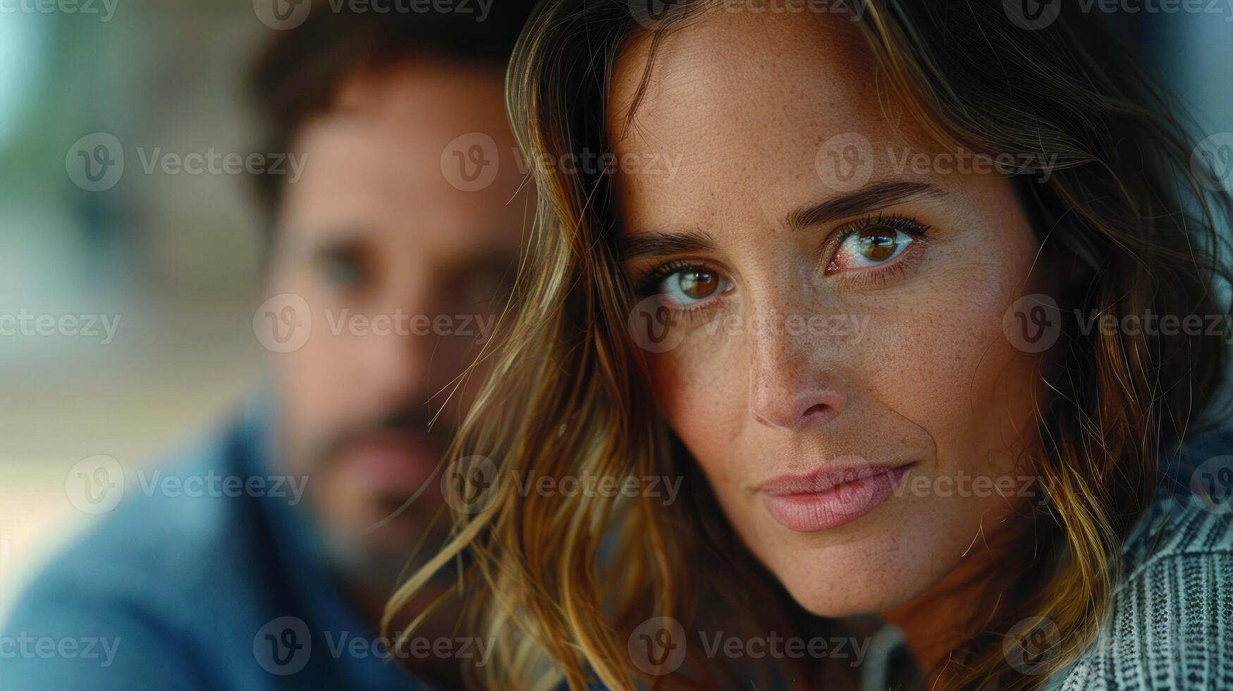 A woman looks directly at the camera, with a man blurred out behind her photo
