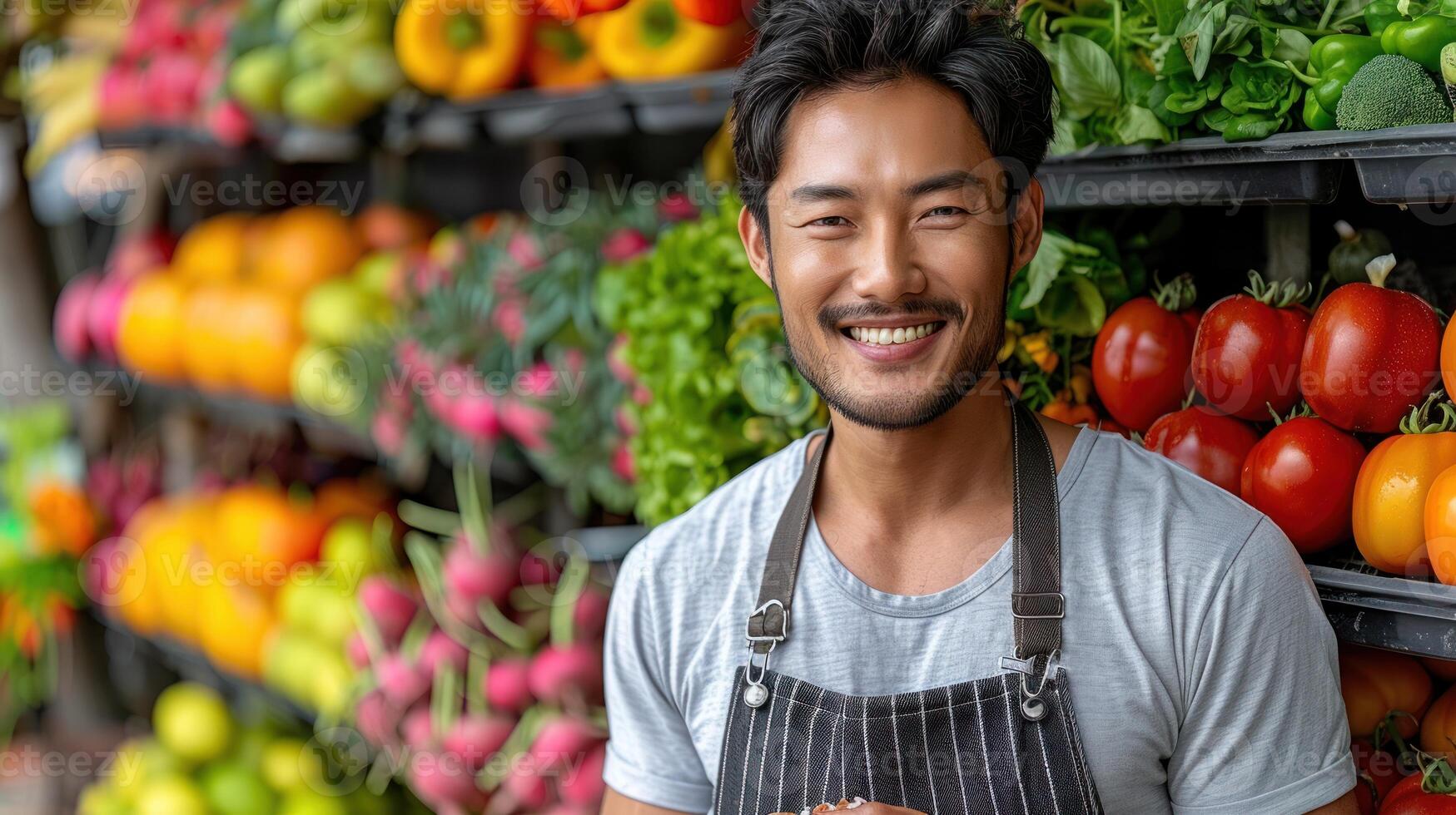 A man in an apron stands in front of shelves full of fresh produce, smiling at the camera photo