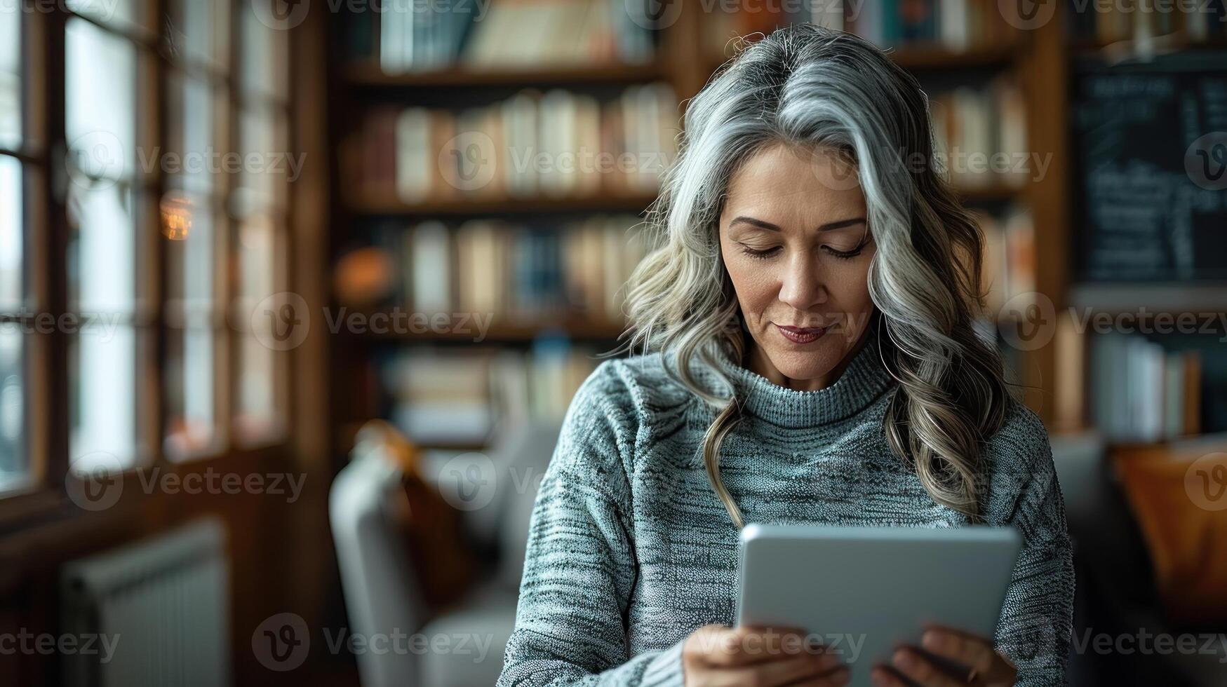 A woman in a home office uses a tablet while sitting in front of a bookshelf photo