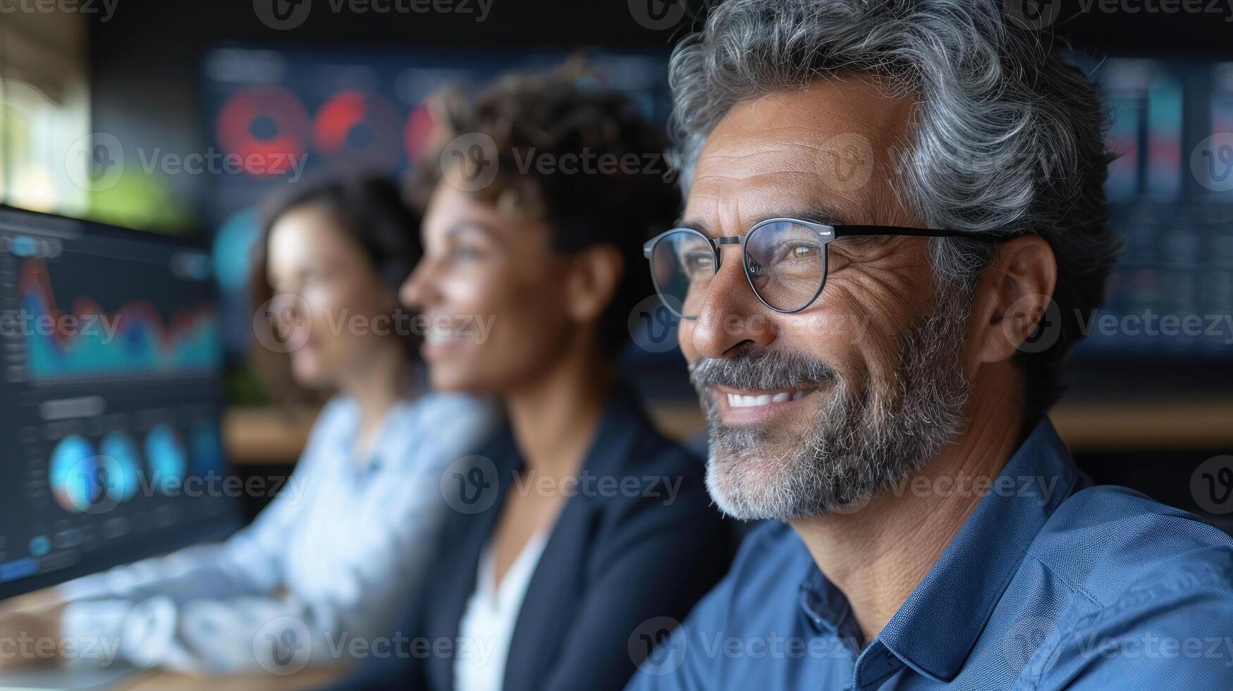 Smiling businessman looking at computer screen with data analysis charts photo