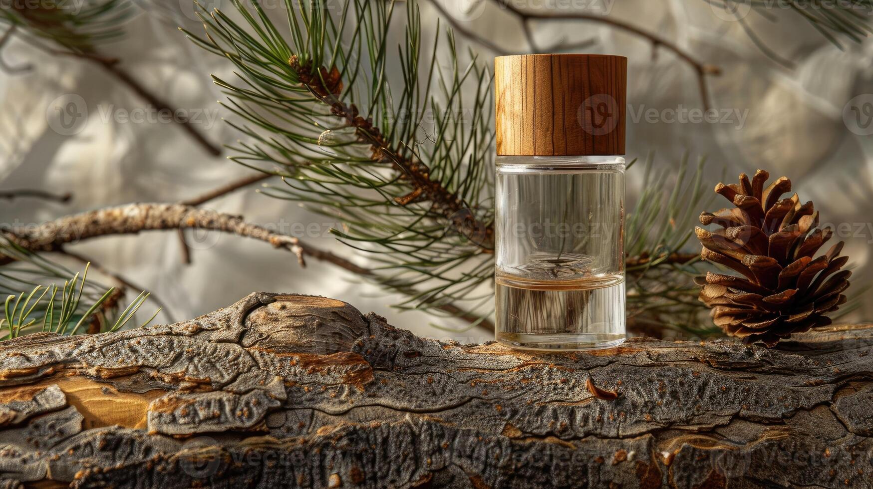 A perfume bottle with a wooden cap rests on a tree stump, surrounded by pine branches photo