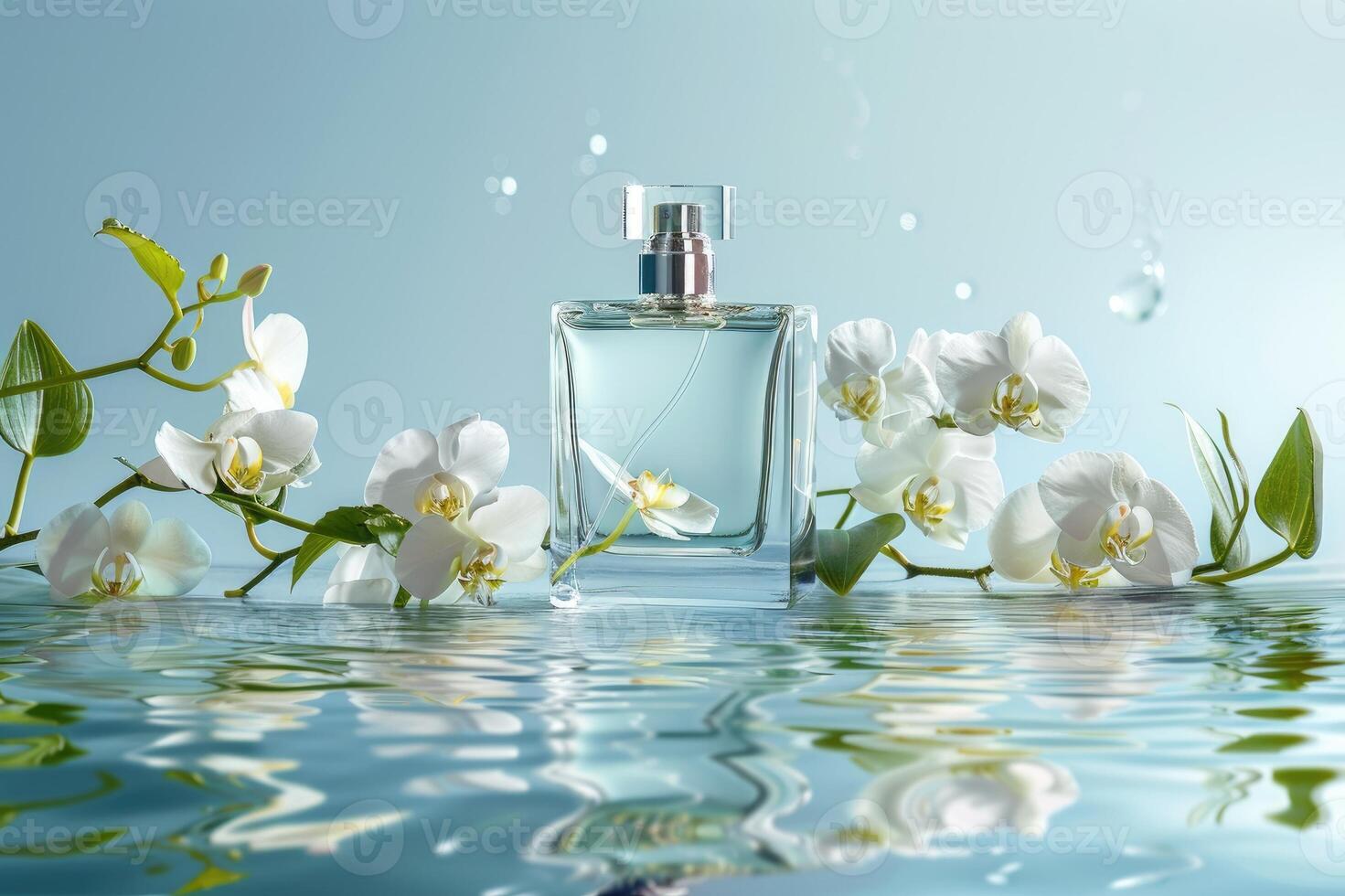 Perfume bottle among white orchids and reflected on a water surface photo