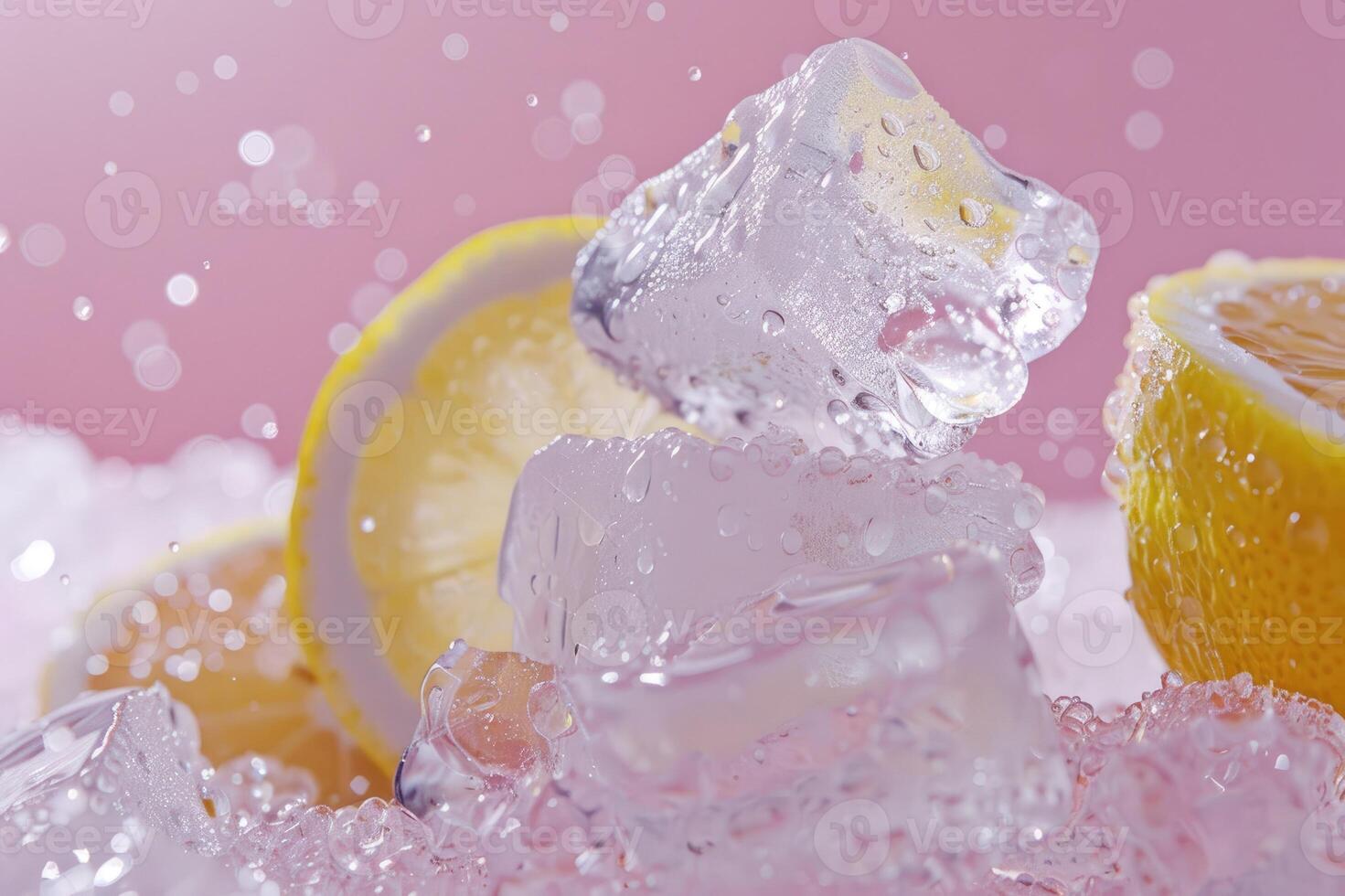 Lemon and ice cubes on a pink surface photo