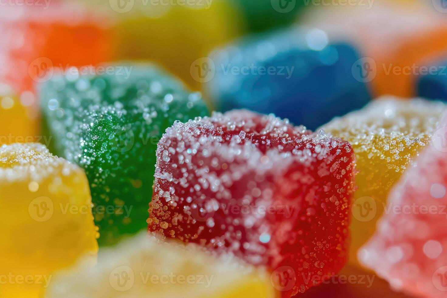 Assorted sugar-coated Gummy candies, highlighting their texture and bright colors photo