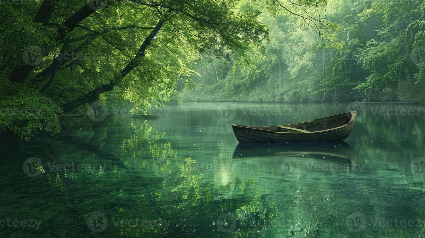 Serene boat on a calm river surrounded by lush greenery. photo