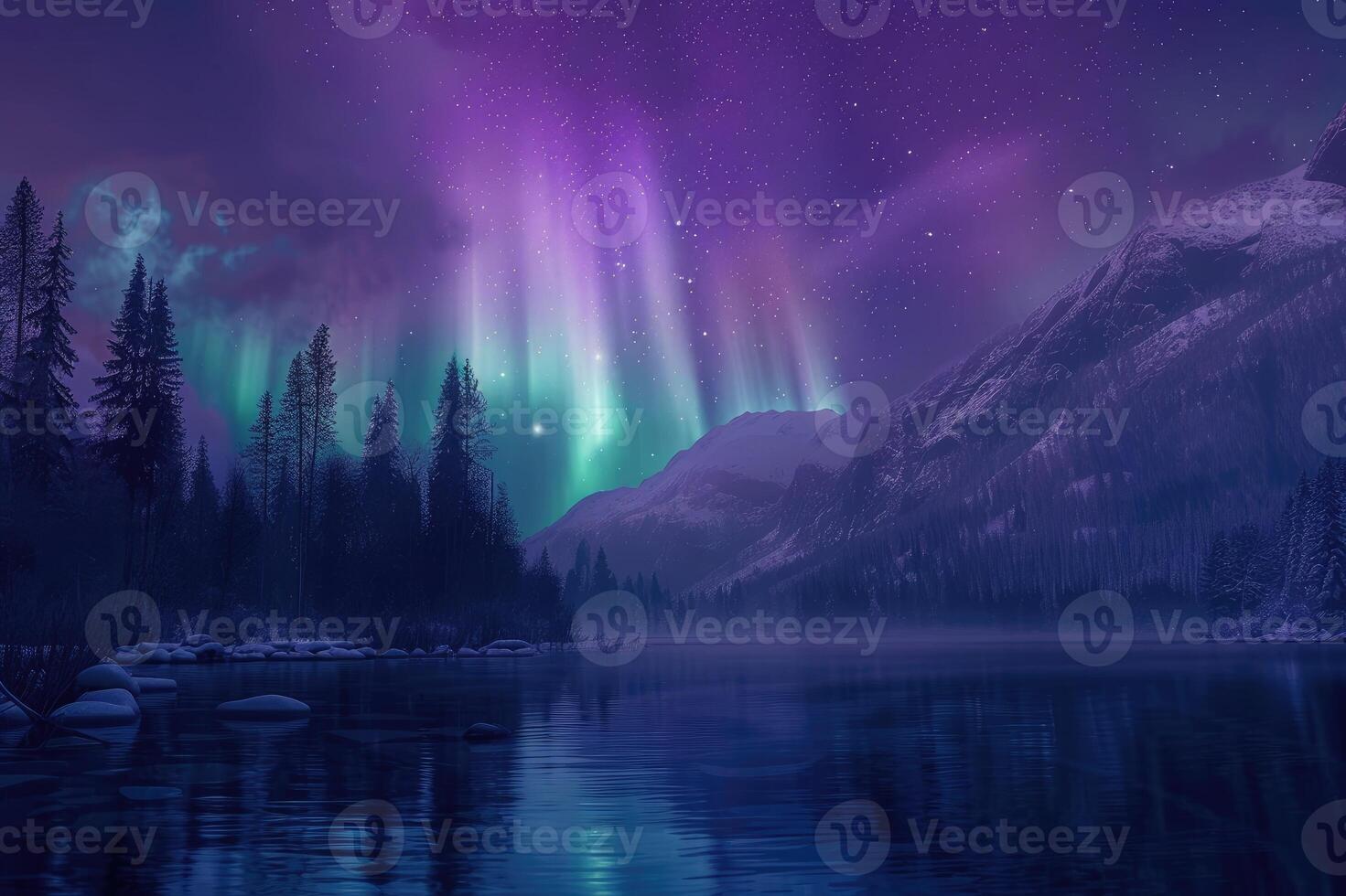 Stunning depicting the aurora borealis display over a serene mountain lake at night photo
