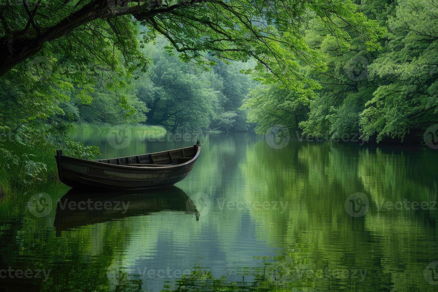 Serene boat on a calm river surrounded by lush greenery. photo