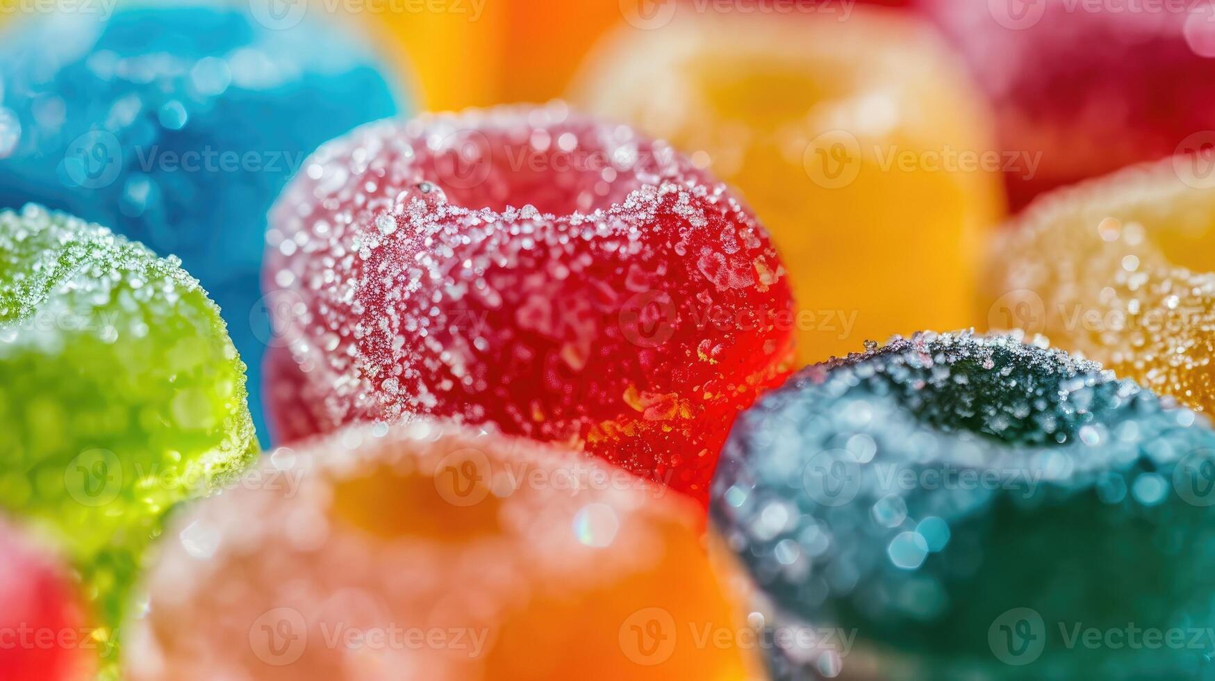 Assorted sugar-coated Gummy candies, highlighting their texture and bright colors photo