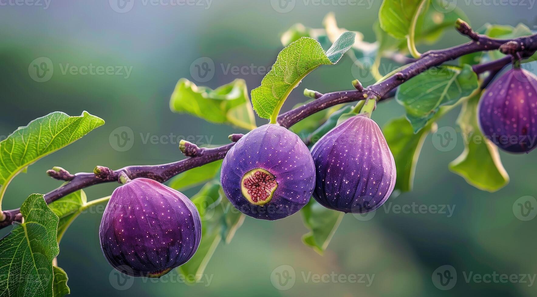 Close-up of ripe figs on tree branch with green leaves photo