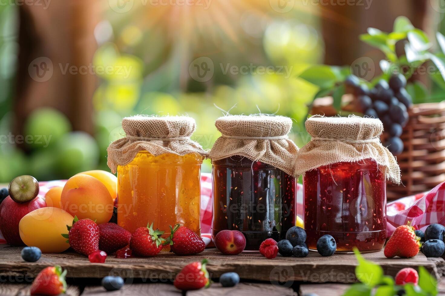 Homemade jams in jars with fruits photo