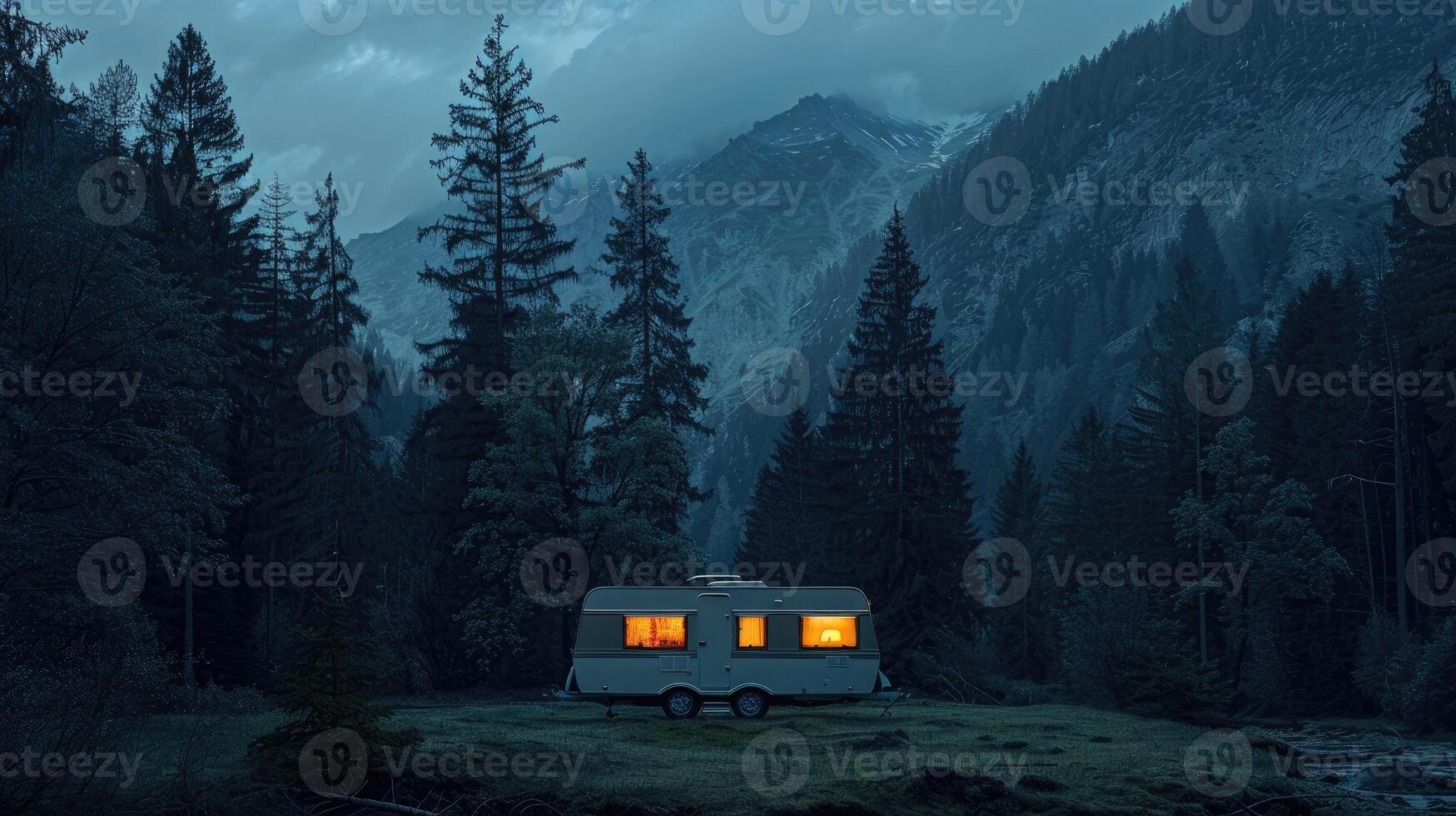 A caravan parked in a tranquil forest setting with misty mountains in the background during twilight photo