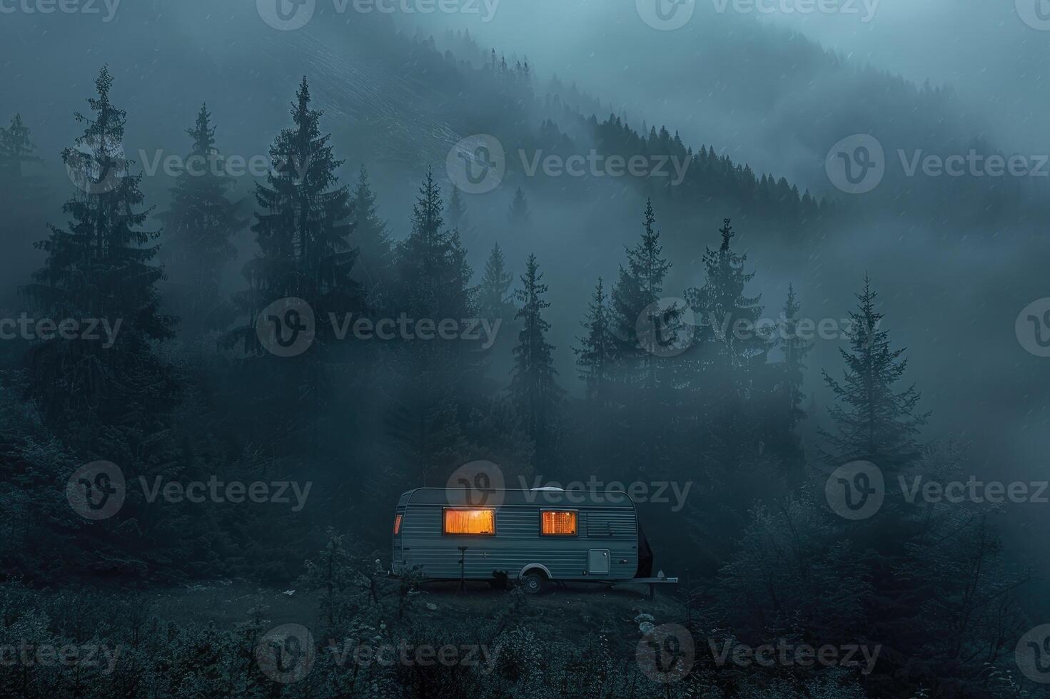 A caravan parked in a tranquil forest setting with misty mountains in the background during twilight photo