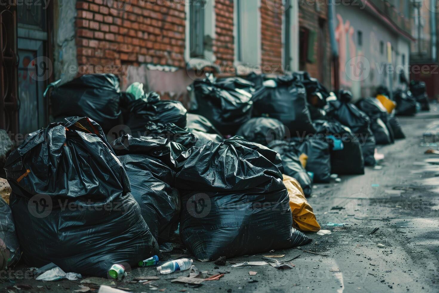 Black garbage bags piled on a street photo