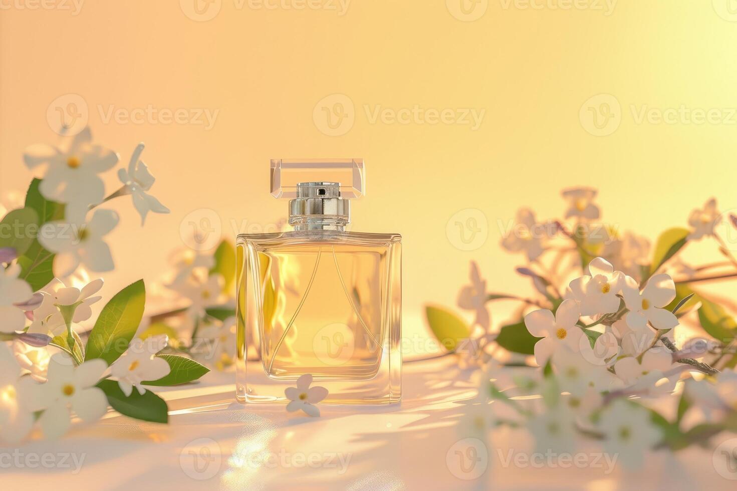 Elegant clear perfume bottle surrounded by delicate white flowers on a warm yellow background photo