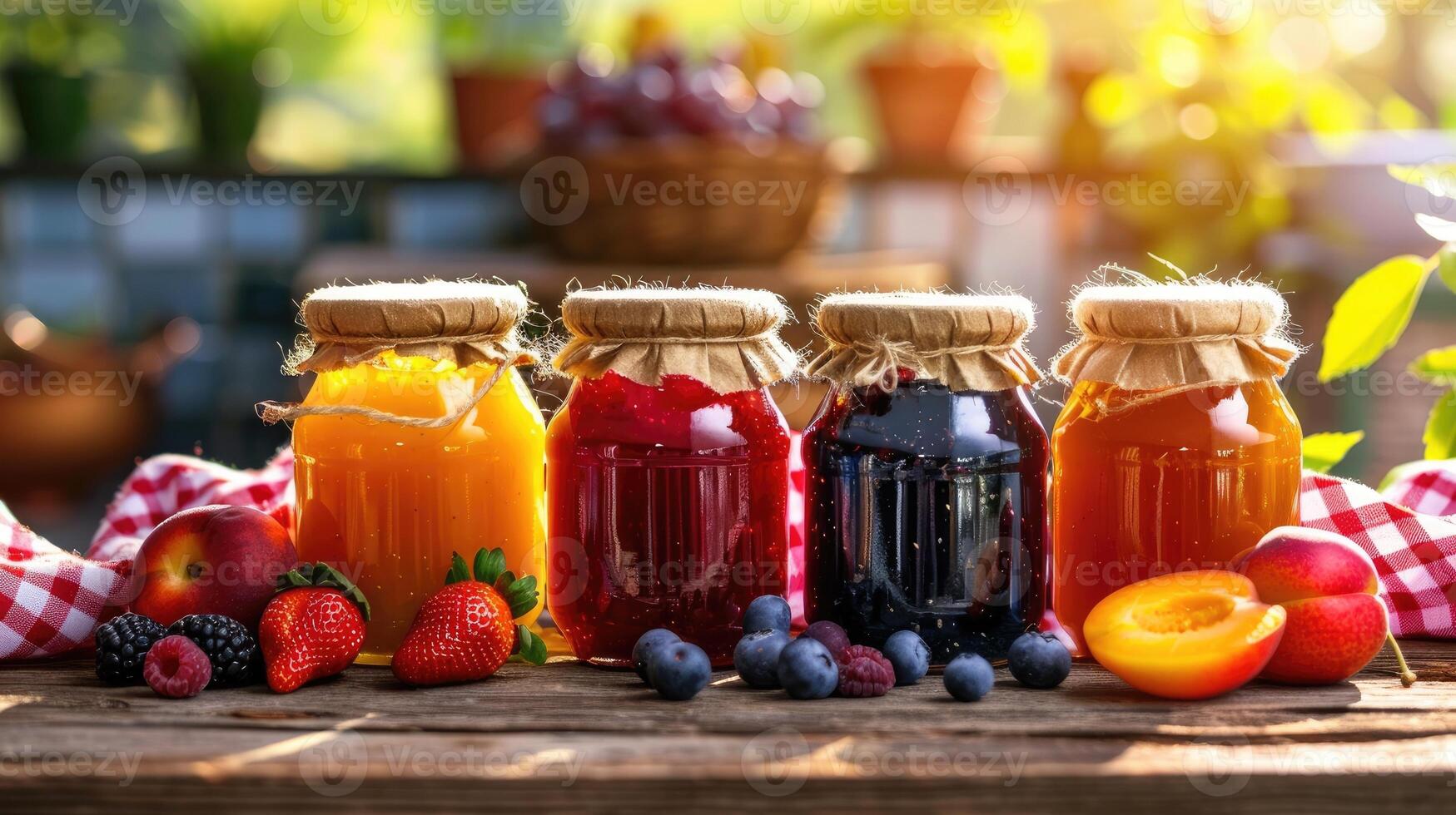 Homemade jams in jars with fruits photo