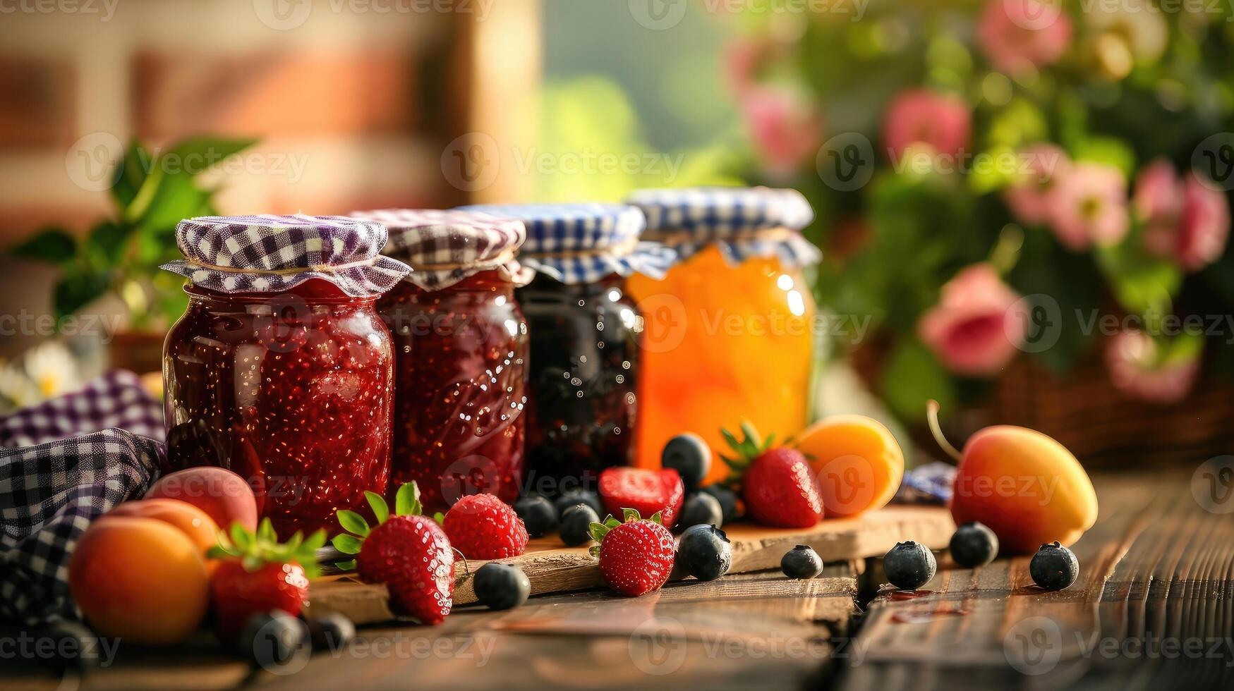 Homemade jams in jars with fruits photo