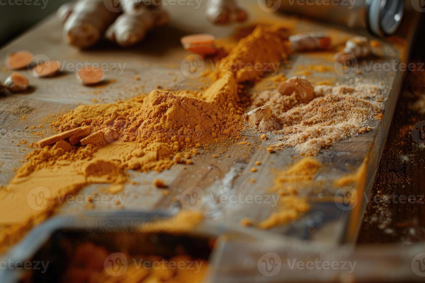 Ground turmeric on wooden board with roots photo