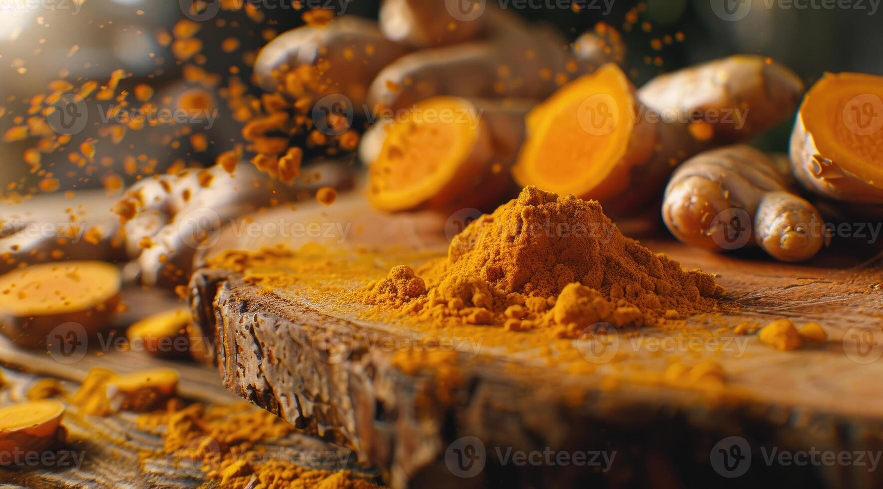 Ground turmeric on wooden board with roots photo
