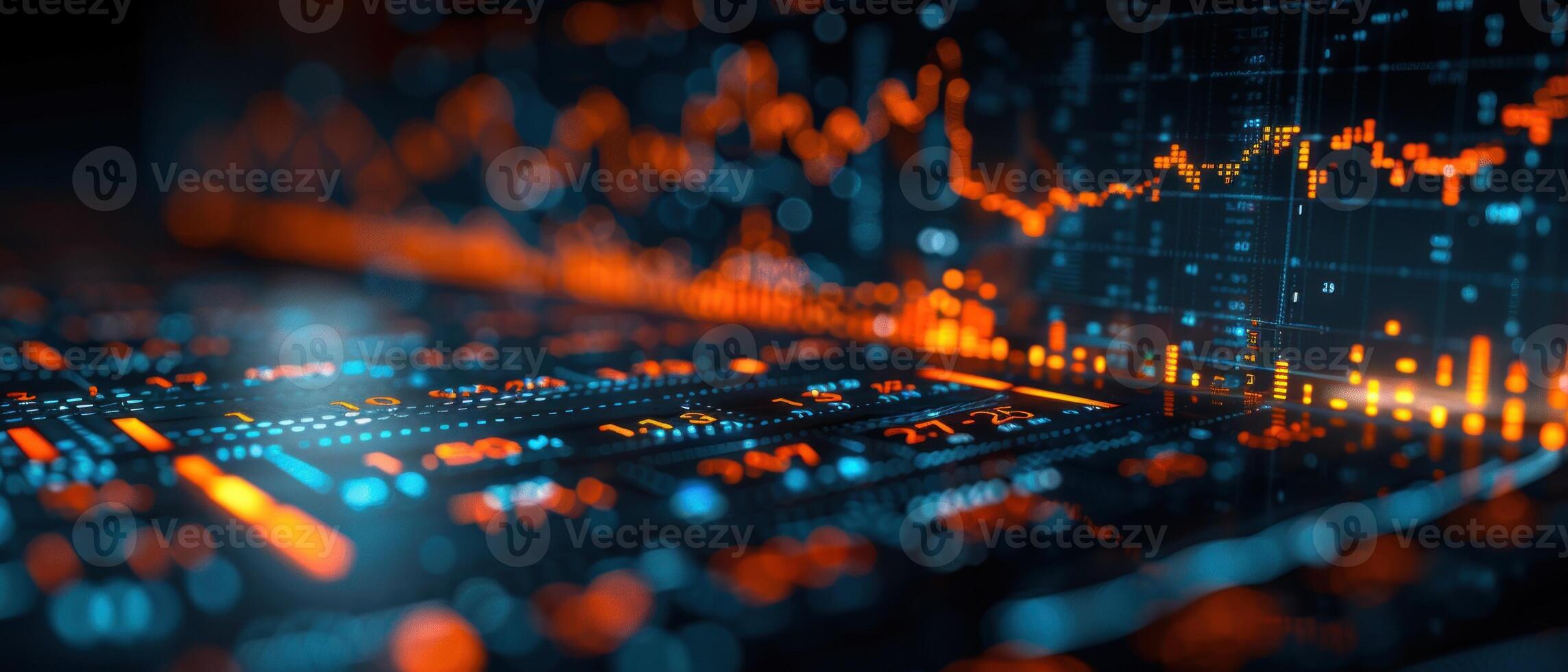 A close-up of a digital display showing data trends and graphs in the dark photo