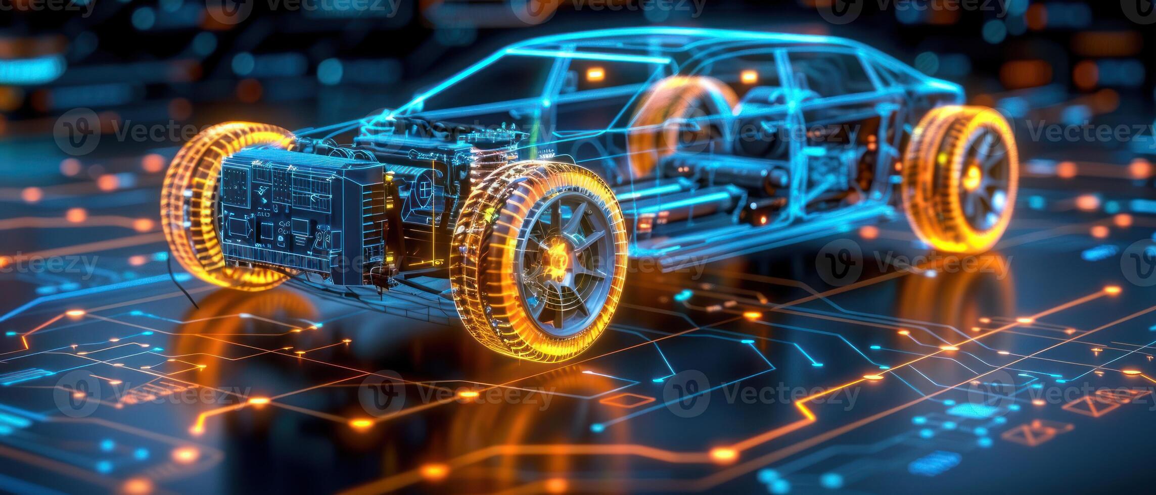 A transparent car model with glowing orange tires on a digital circuit board photo